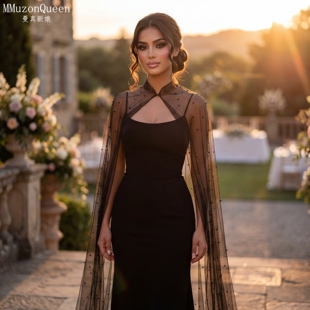 曼真珍珠网纱披肩黑色拖尾系扣披风万圣节日装 扮肩纱VG17A