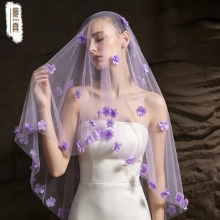曼真紫色立体花朵新娘头纱无发梳浪漫唯美婚纱礼服拍照道具M133