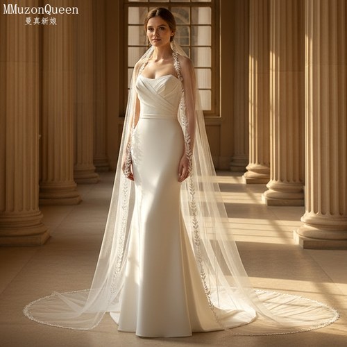 曼真韩式小清新蕾丝拖尾头纱