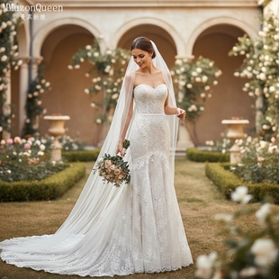 曼真经典手工水晶串珠新娘头纱小托尾气质简约单层重工头纱V189-2