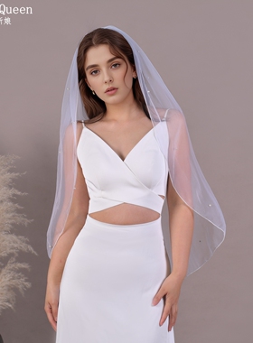 曼真白色珍珠新娘头纱结婚登记领证单层头饰高级婚纱配饰V06-0.9