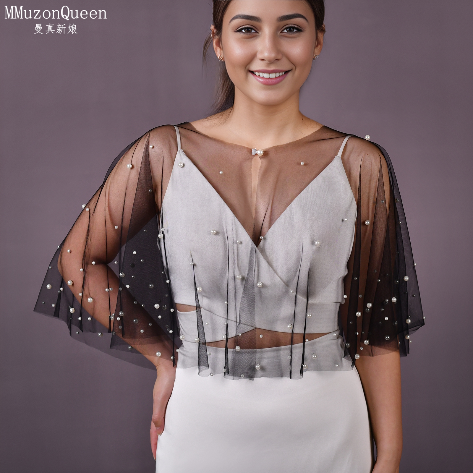 曼真系扣显瘦遮手臂黑色薄纱披肩手工钉珍珠新娘裙子外搭VG120-B