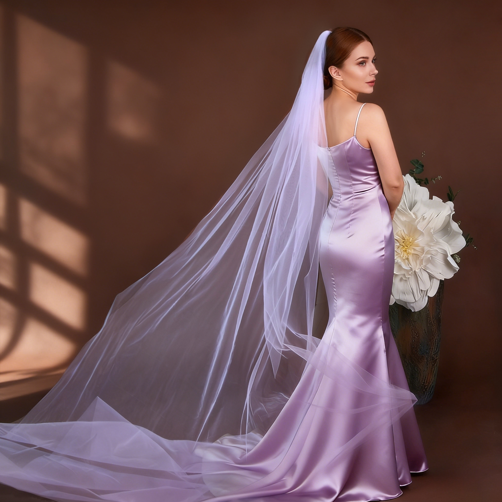 曼真淡紫色新娘头纱复古长款
