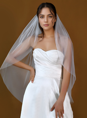 曼真 新娘单层头纱 白色简约柔软拖尾头饰素纱带发梳面纱 M92