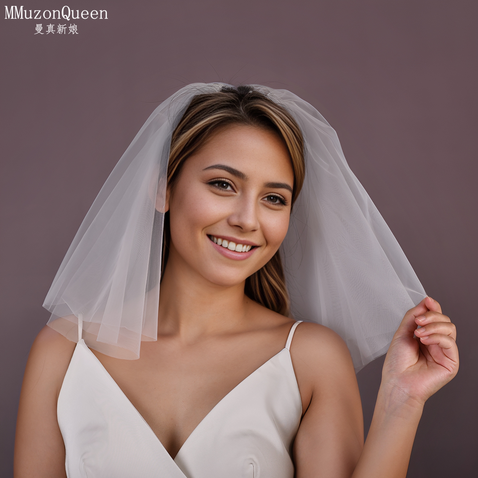曼真双层新娘短款头纱简约素纱领证登记道具生日拍照遮面V26-0.4