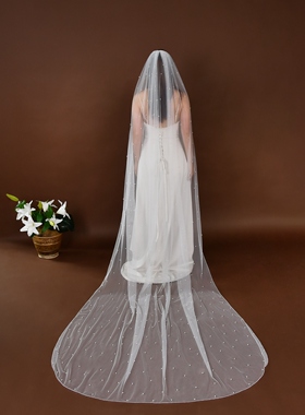 曼真白色珍珠新娘头纱长款拖尾大教堂婚礼高级婚纱配饰V06-3
