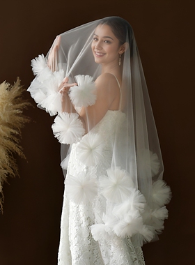 曼真 新娘头纱白色立体花朵装饰主纱摄影道具高级感头饰M11