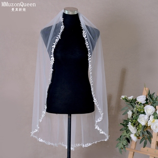 曼真森系超仙蕾丝花边拖尾婚纱头纱 叶子边草坪婚礼配饰V129