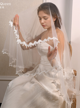 曼真法式浪漫风白色蕾丝头纱新娘结婚无发梳超仙显瘦婚纱配饰M155