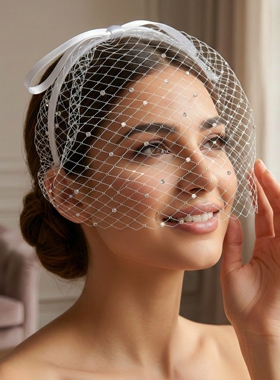 曼真 法式新娘头纱白色网纱水钻遮面面纱婚礼拍照造型头饰MA21