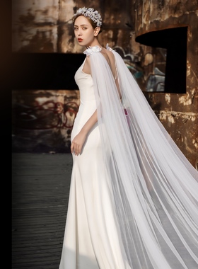 曼真新娘披肩白色拖尾重工蕾丝婚纱配饰别针固定可拆卸VG54