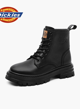 Dickies马丁靴女2025秋冬新款户外防滑厚底加绒保暖皮靴黑色短靴