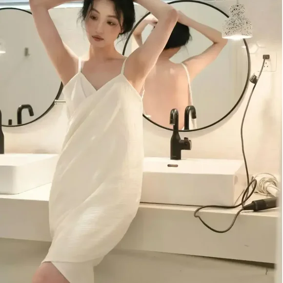法式多层棉纱纯棉浴巾裙吊带裙吸水亲肤睡裙肩带可调浴裙睡衣露背