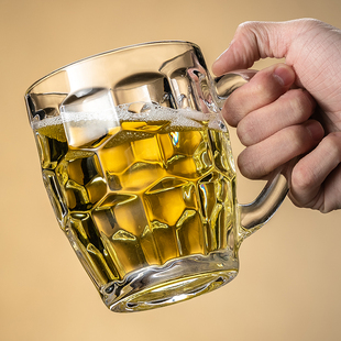 扎啤杯带把手啤酒杯水杯家用杯子耐热玻璃杯茶杯大容量透明菠萝杯