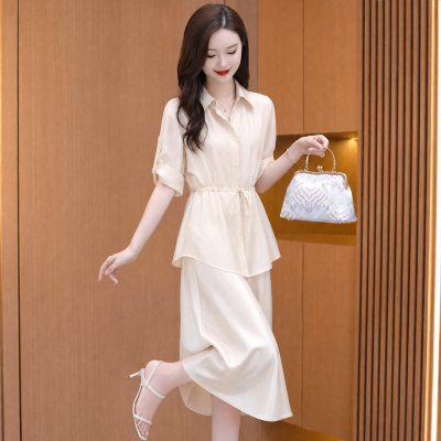 莱赛尔天丝套装连衣裙女春秋衬衫缎面裙子高端上档次小个子十三行
