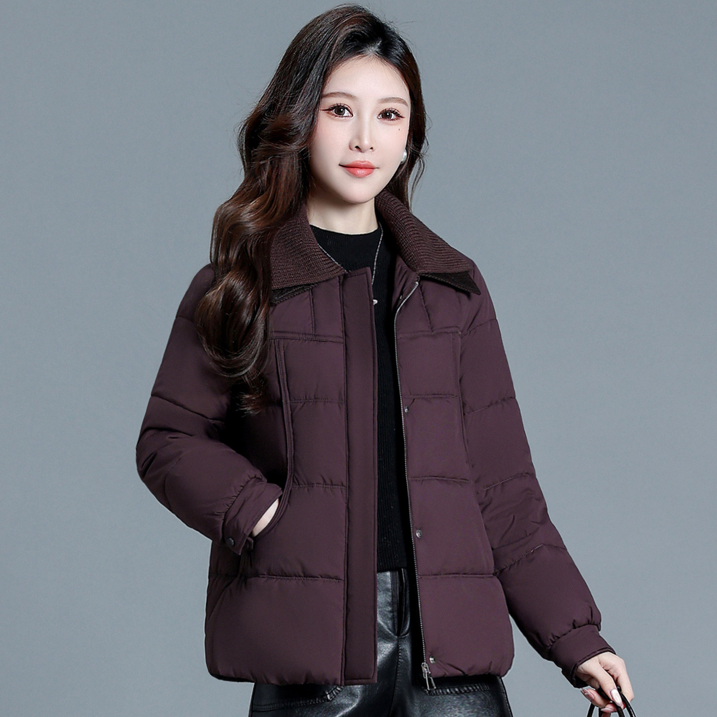 晋江爆款紫色翻领短款棉衣女冬季气质保暖加厚小个子妈妈棉服外套