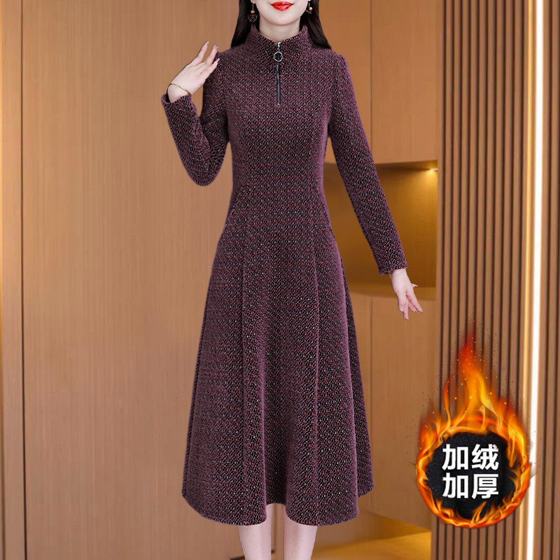 十三行长袖连衣裙女秋冬高级感打底配大衣加绒加厚妈妈喜婆婆婚宴