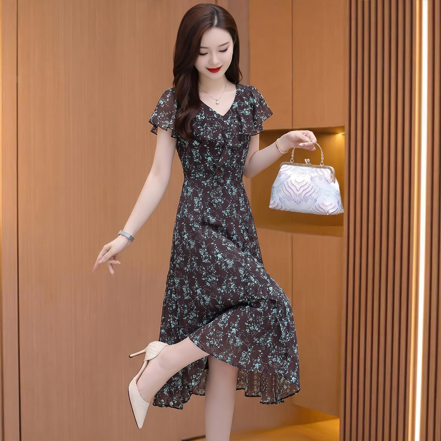 碎花雪纺连衣裙女夏轻奢高级感气质小个子修身显瘦v领广州十三行