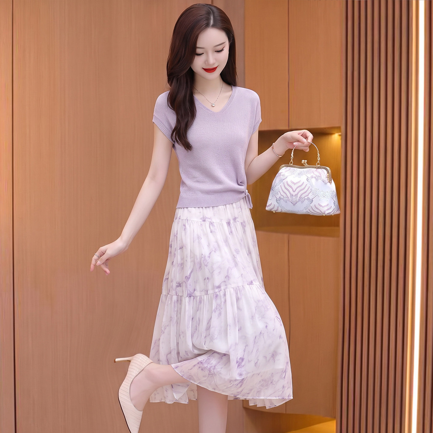 天丝亚麻套装连衣裙女夏季洋气妈妈短袖紫色套裙子流行爆款十三行