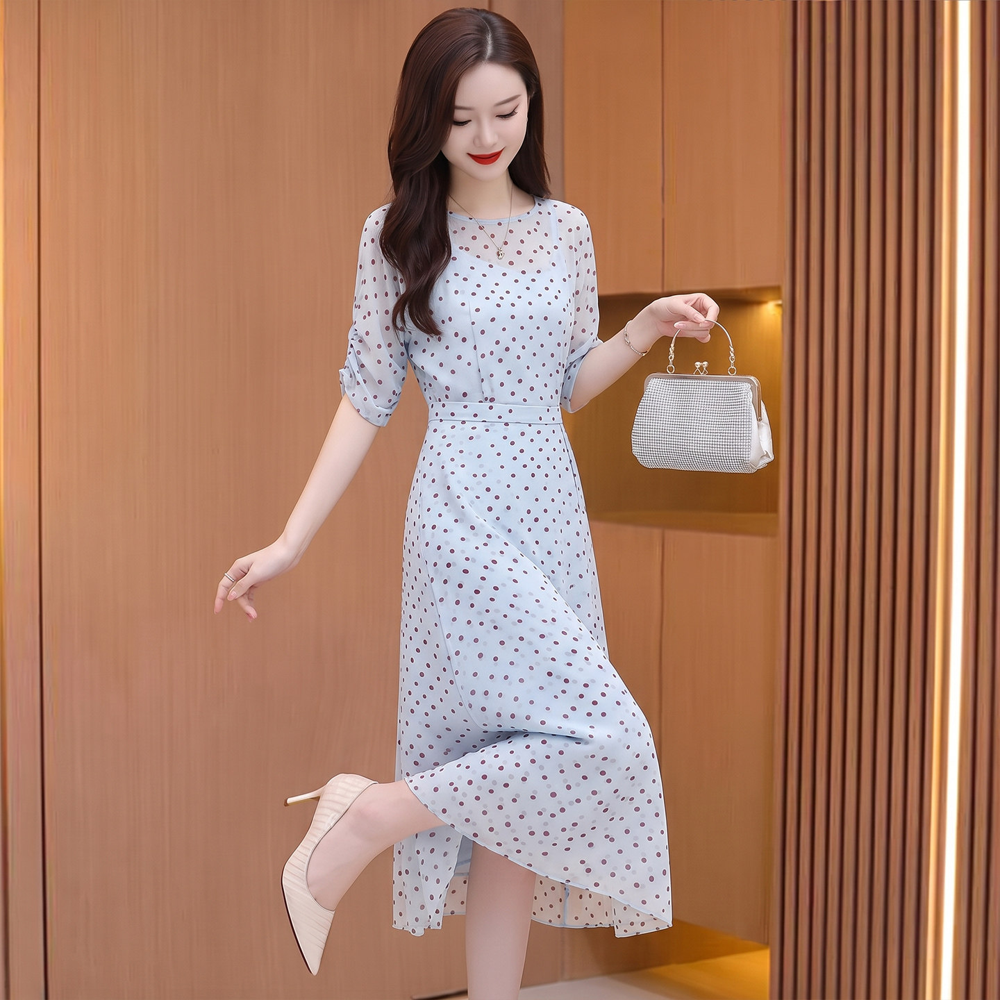 雪纺波点套装连衣裙女夏轻奢高级感气质妈妈穿搭一整套裙子十三行