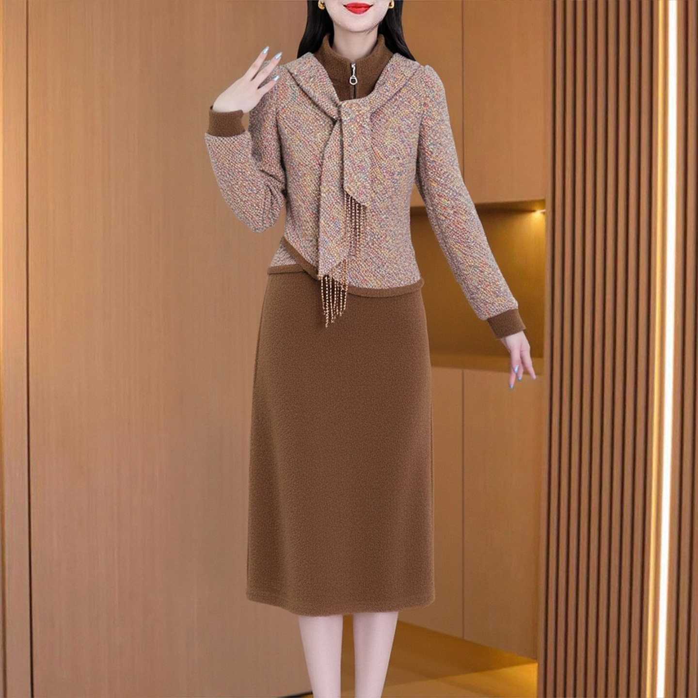 小香风水貂绒毛呢两件套装连衣裙加厚围巾秋冬40减龄妈妈显瘦遮肚