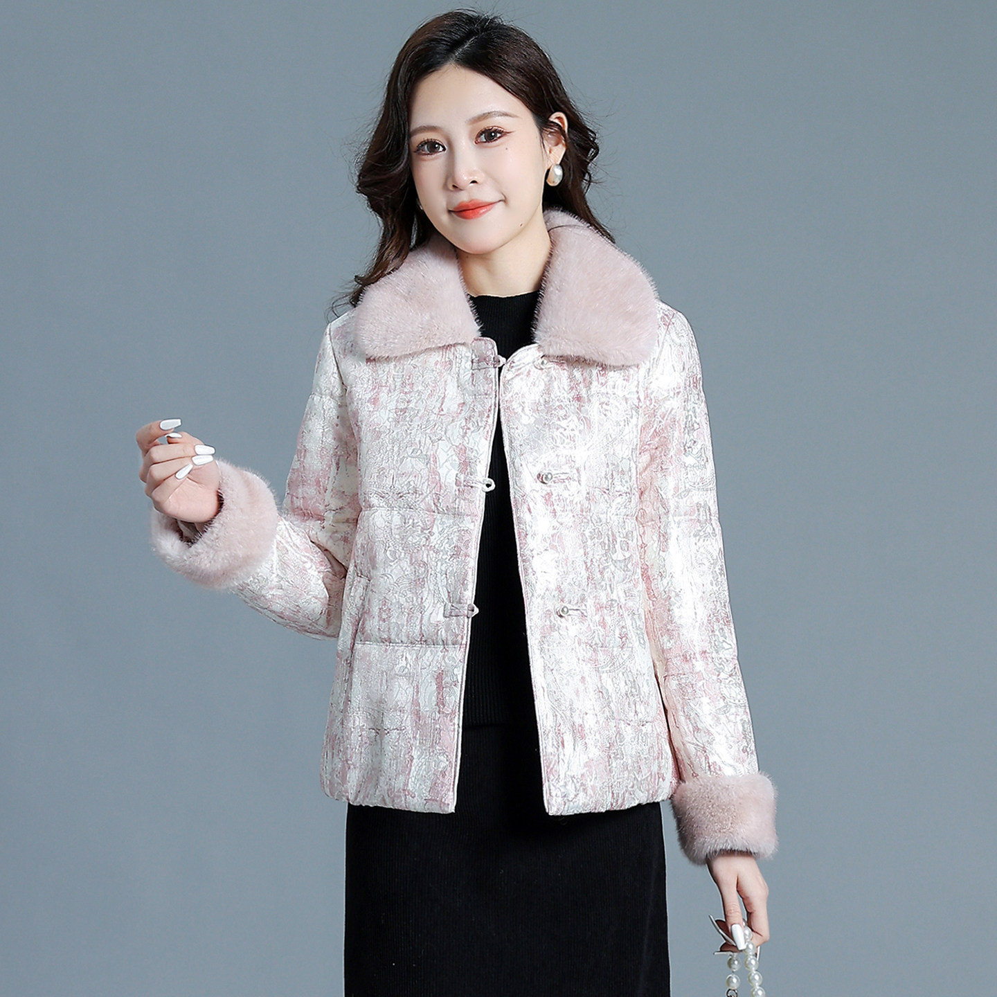新中式国风棉服女冬季短款毛领加棉外套喜妈妈粉色花棉袄高端品牌