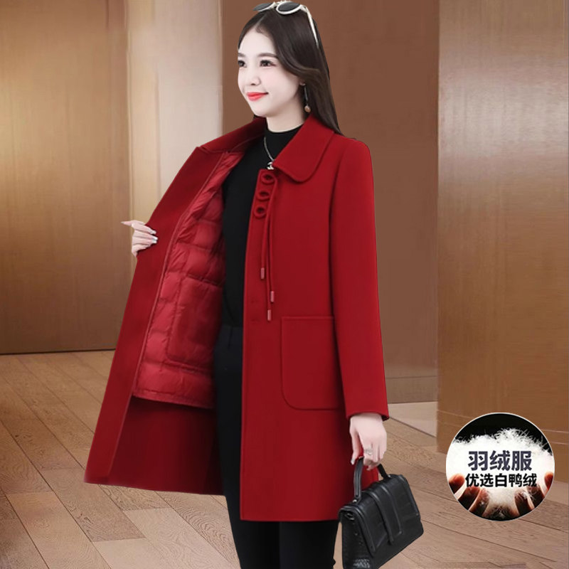 国风可拆卸红色羽绒服女冬季今年流行双面流行呢大衣妈妈外套2026
