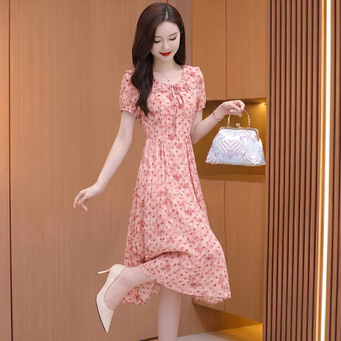 粉色波点雪纺连衣裙女夏气质显瘦小个子妈妈漂亮裙子广州十三行爆