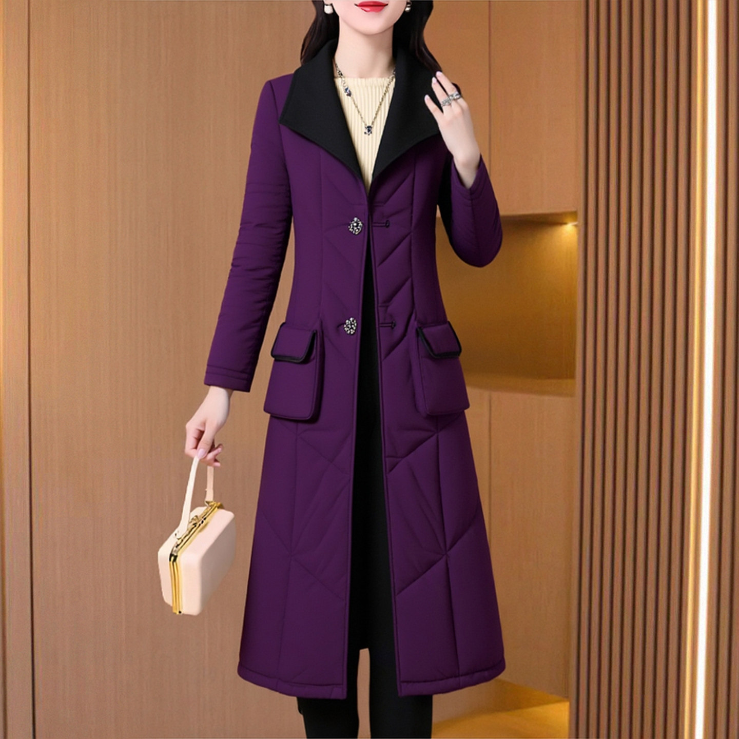晋江中长款紫色棉服女冬超好看夹棉外套品牌洋气独特别致棉袄大衣