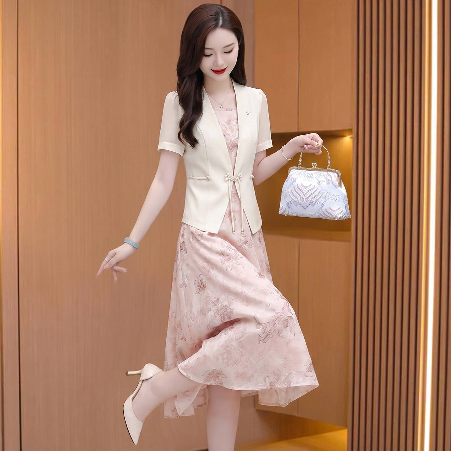 小个子雪纺西装套装连衣裙女夏新中式国风减龄洋气穿搭广州十三行
