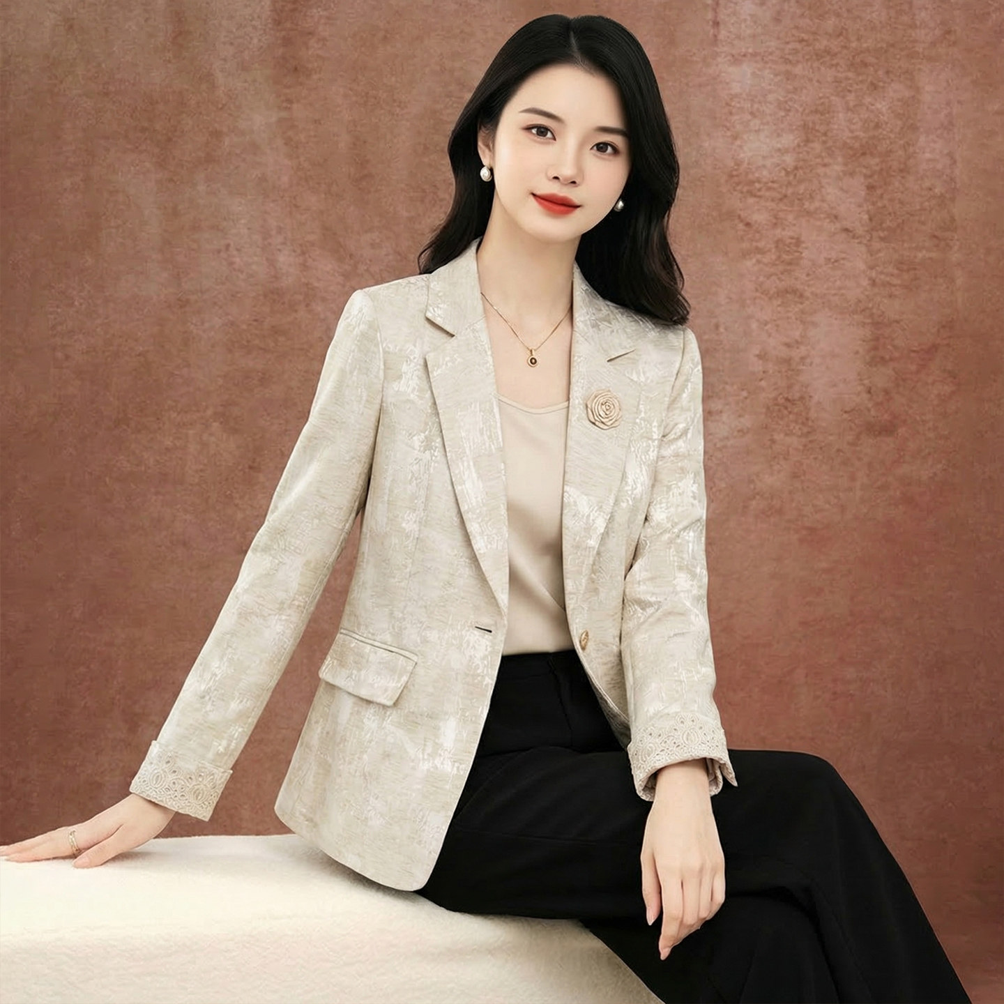 杭州白色小香风小西装外套女士春秋高端品牌妈妈薄款亚麻西服上衣