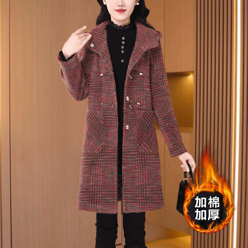 晋江加棉服加厚毛呢大衣外套女秋冬高级感妈妈本命红色格子小香风