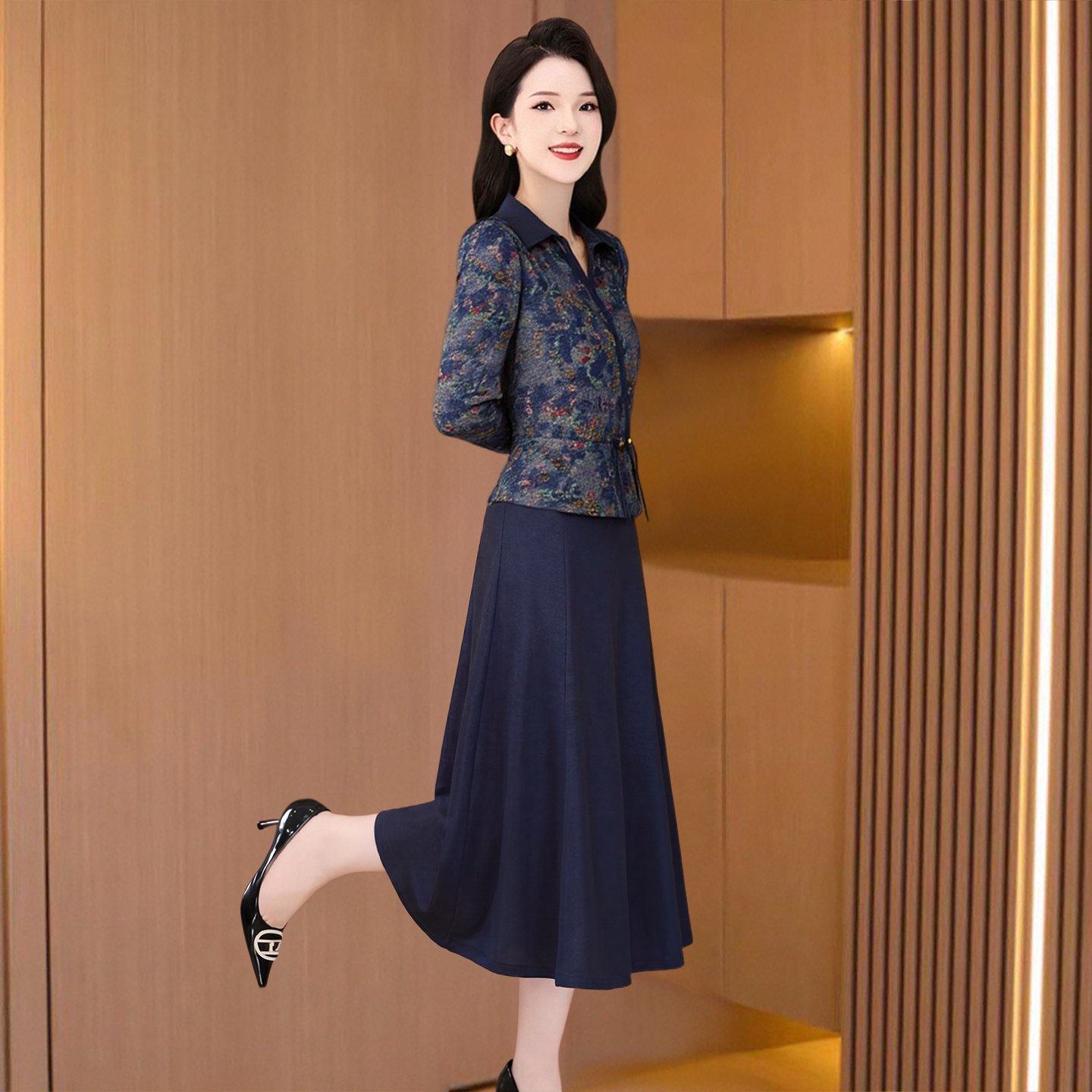 十三行长袖假两件套装连衣裙子女春秋轻奢高级感妈妈国风旗袍改良