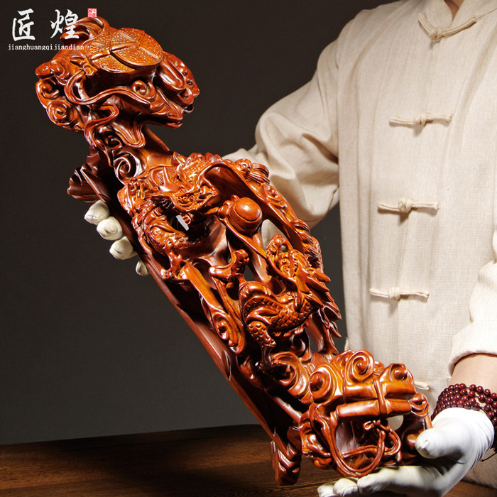 花梨木雕双龙戏珠如意摆件装饰