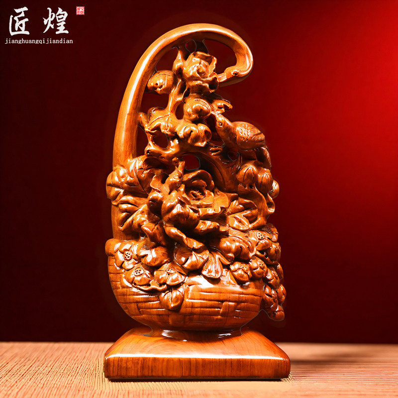 花梨木雕一篮富贵花篮摆件实木