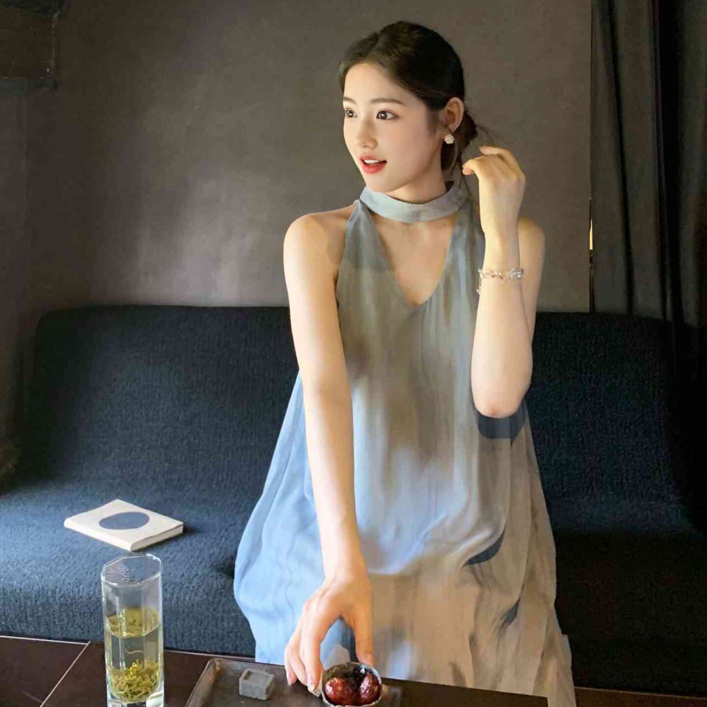 高级慵懒度假风薄纱挂脖