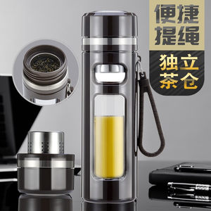 那加雪飞玻璃杯男士带盖防摔茶水分离泡茶杯子双层过滤玻璃杯多功