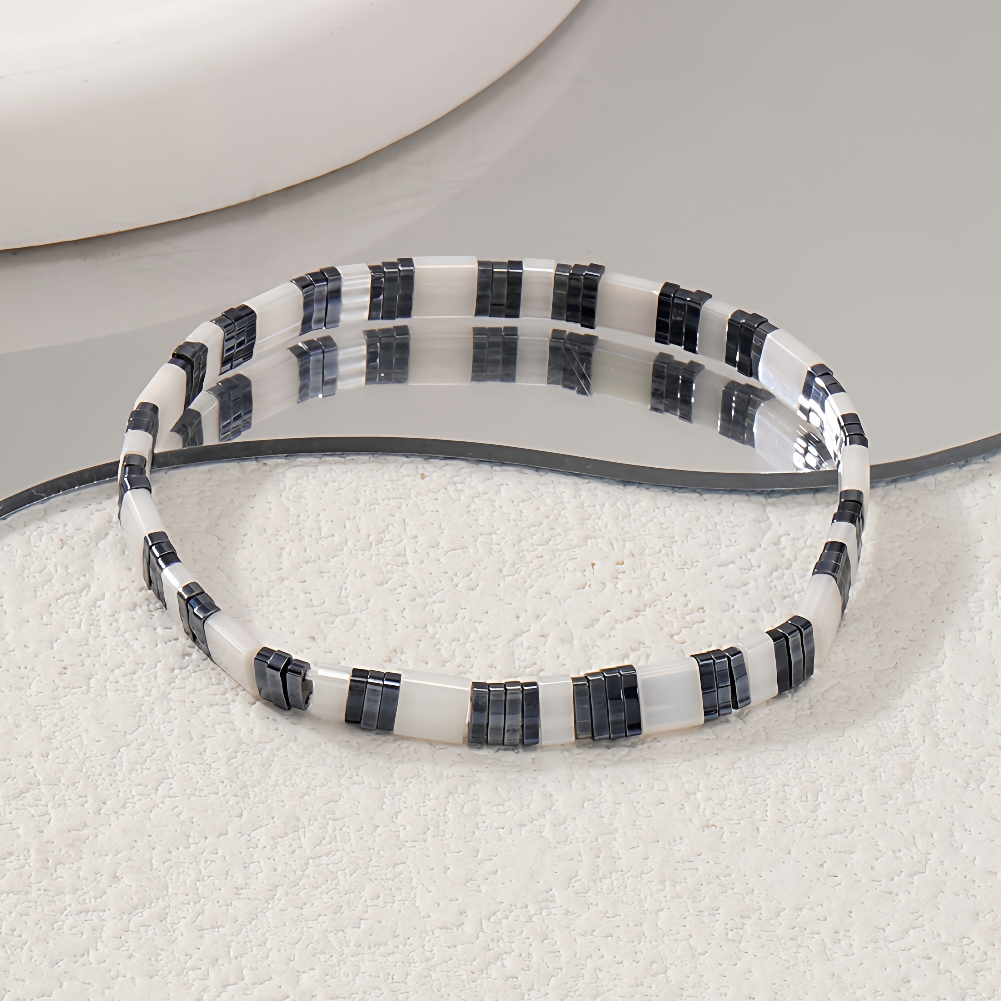 MLGM新款黑白条纹进口tila玻璃珠手链中性男女款简约时尚百搭手饰