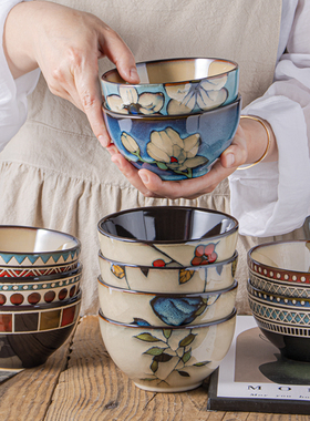 高颜值陶瓷碗吃米饭碗家用陶瓷餐具创意手绘小碗釉下彩个性甜品碗