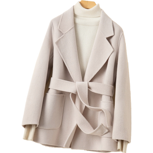 反季高端双面羊绒大衣女新款收腰系带小个子显瘦羊毛呢短款外套