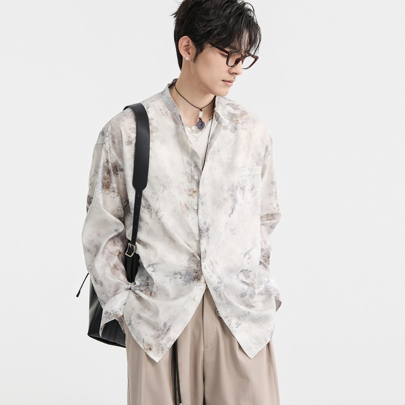 [水墨画国风]伯爵卓尔奥莱店春季新中式立领男士长袖衬衫宽松上衣