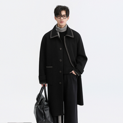 {全羊毛时尚撞色设计}伯爵卓尔25初冬中长款双面呢大衣男羊毛外套
