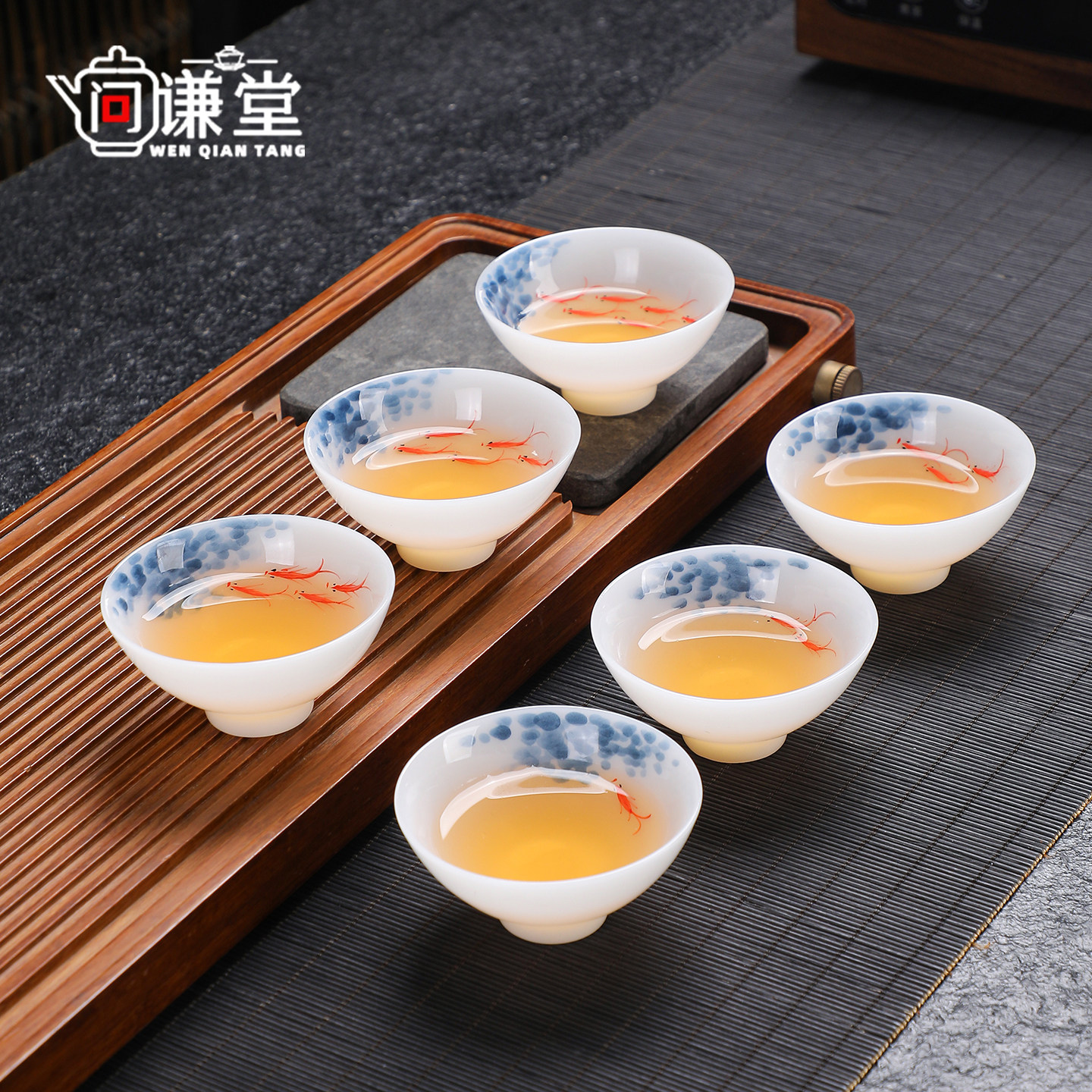 高端冰种玉瓷有鱼斗笠小茶杯套装6只客人杯功夫茶具茶碗白瓷手绘图片