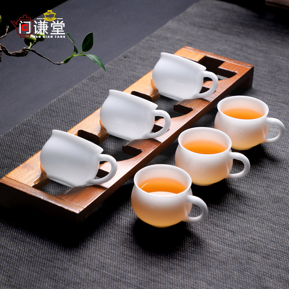 防烫带把手功夫茶杯6只装喝茶小杯子有手柄主人杯德化冰种玉白瓷