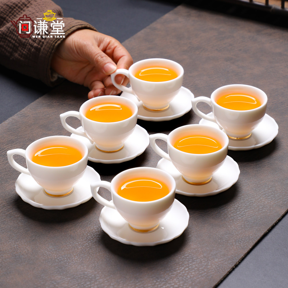防烫手带把功夫小茶杯6只装家用茶具喝茶杯子有耳品茗杯德化白瓷