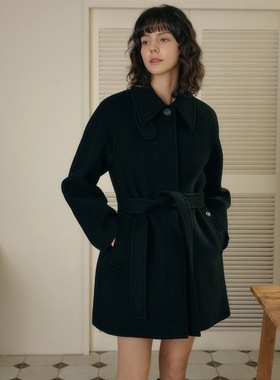 韩国原单Look ast25秋冬新款纯色百搭时尚显瘦中长款羊毛外套女