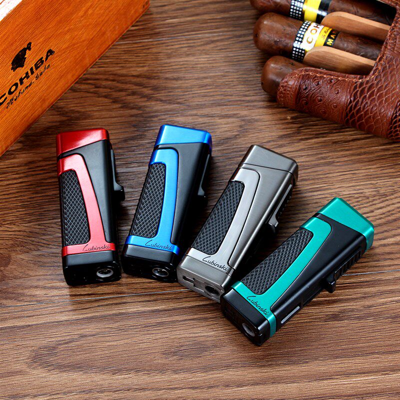 雪茄打火机 金属创意防风直冲三火蓝焰耐用时尚奢侈火机充气四色