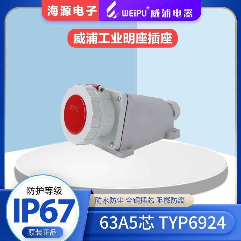 威浦TYP6924WEIPU 防水工业明装插座 63A5芯 380V 3P+N+E IP67