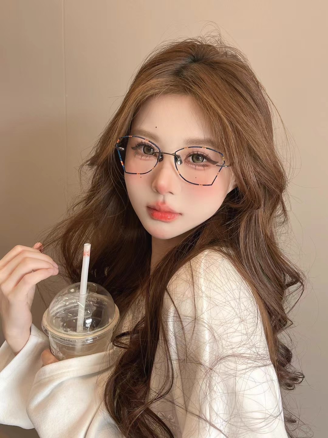 珐琅彩无框蝶形钻石切边女款配平光防蓝光高度数国风定制成品眼镜