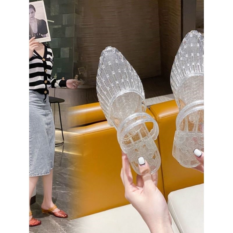 外穿时尚百搭水晶透明亮片两穿凉鞋女夏防滑妈妈渐变色包头单鞋潮
